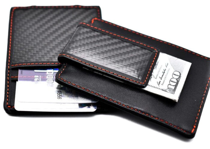 Carbon Fiber Leather Wallet with Money Clip Black/Red Stitching